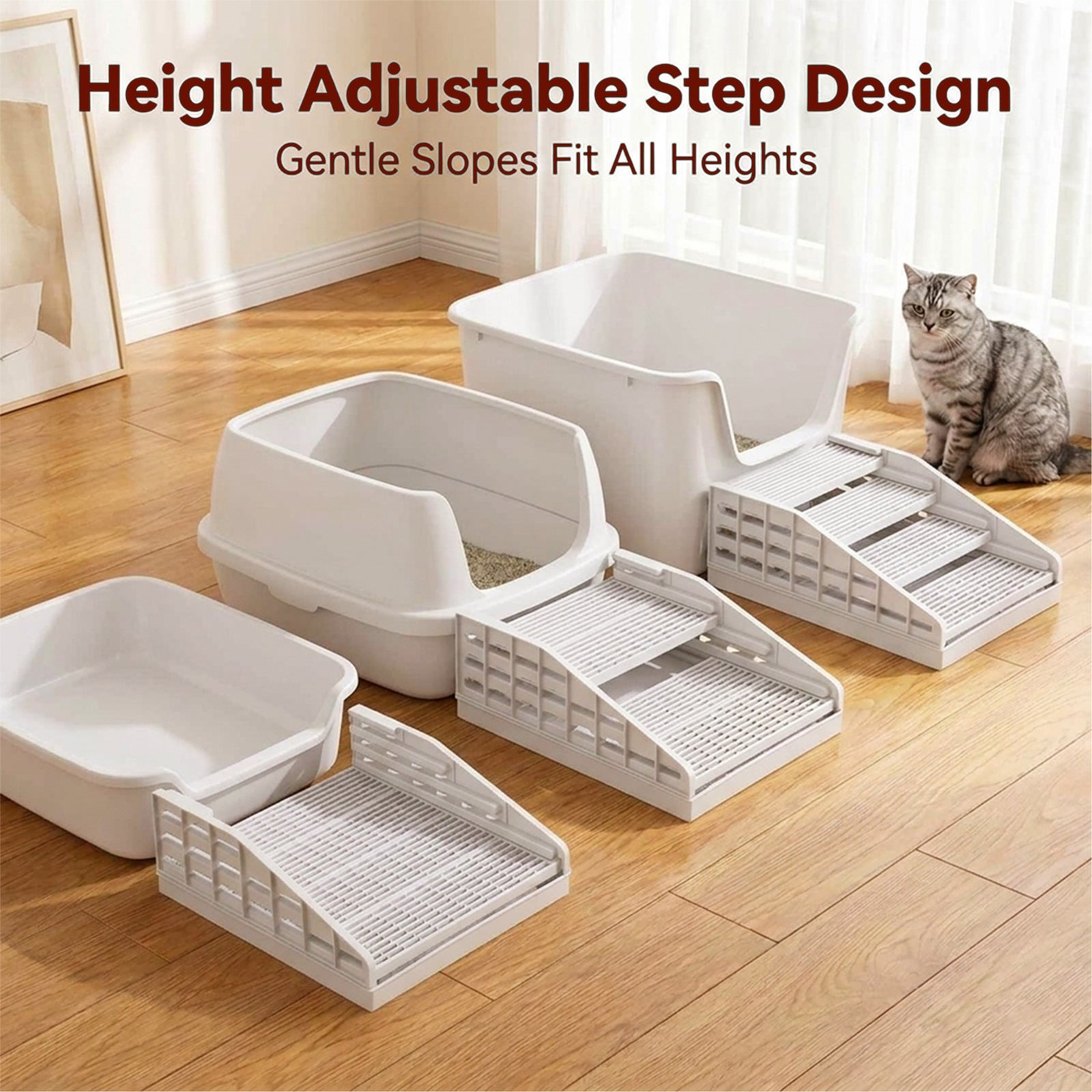 Litter Box Step for Senior Cats, Height Adjustable Cat Stairs, White
