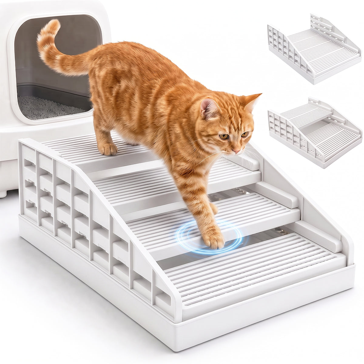 Litter Box Step for Senior Cats, Height Adjustable Cat Stairs, White