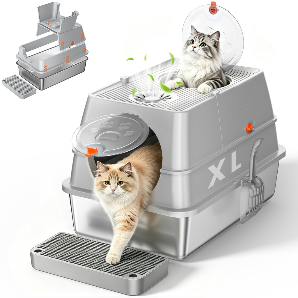 XL Stainless Steel Litter Box with Lid, Enclosed Metal Litter Box | High Sides, Urine and Litter Control, Odor Filter, Flip-Top, Easy-Clean Pan, Scoop & Step, Big Cats, Multi-Cat Homes, Gray