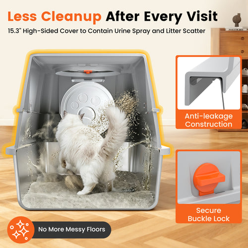 XL Stainless Steel Litter Box with Lid, Enclosed Metal Litter Box | High Sides, Urine and Litter Control, Odor Filter, Flip-Top, Easy-Clean Pan, Scoop & Step, Big Cats, Multi-Cat Homes, Gray