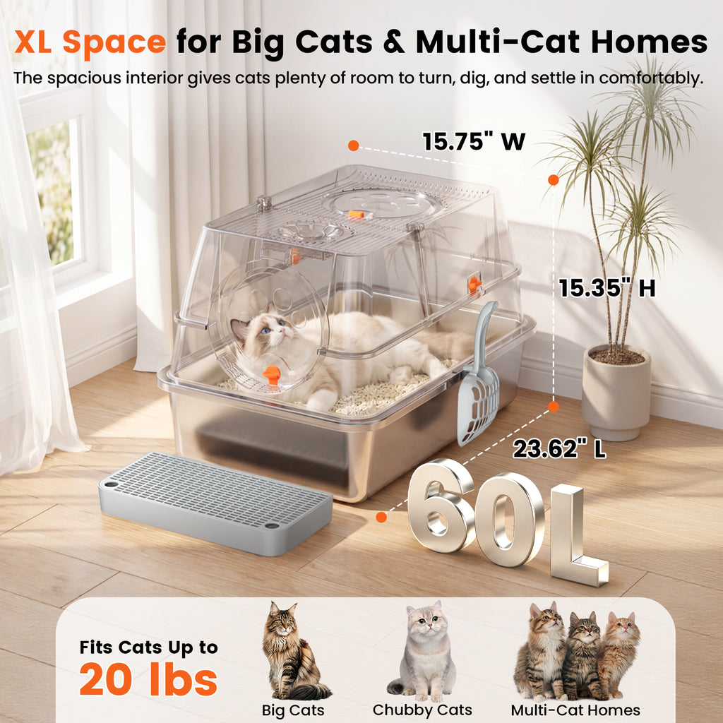 XL Stainless Steel Litter Box with Lid, Enclosed Metal Litter Box | High Sides, Urine and Litter Control, Odor Filter, Flip-Top, Easy-Clean Pan, Scoop & Step, Big Cats, Multi-Cat Homes, Gray