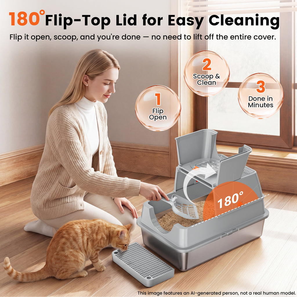 XL Stainless Steel Litter Box with Lid, Enclosed Metal Litter Box | High Sides, Urine and Litter Control, Odor Filter, Flip-Top, Easy-Clean Pan, Scoop & Step, Big Cats, Multi-Cat Homes, Gray