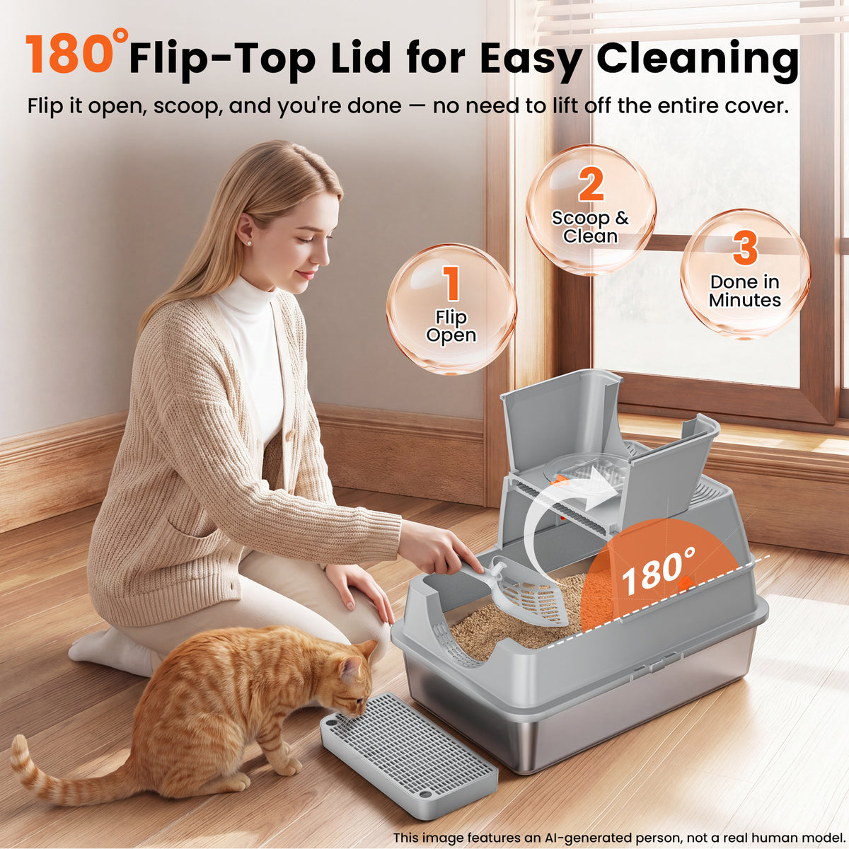 XL Stainless Steel Litter Box with Lid, Enclosed Metal Litter Box