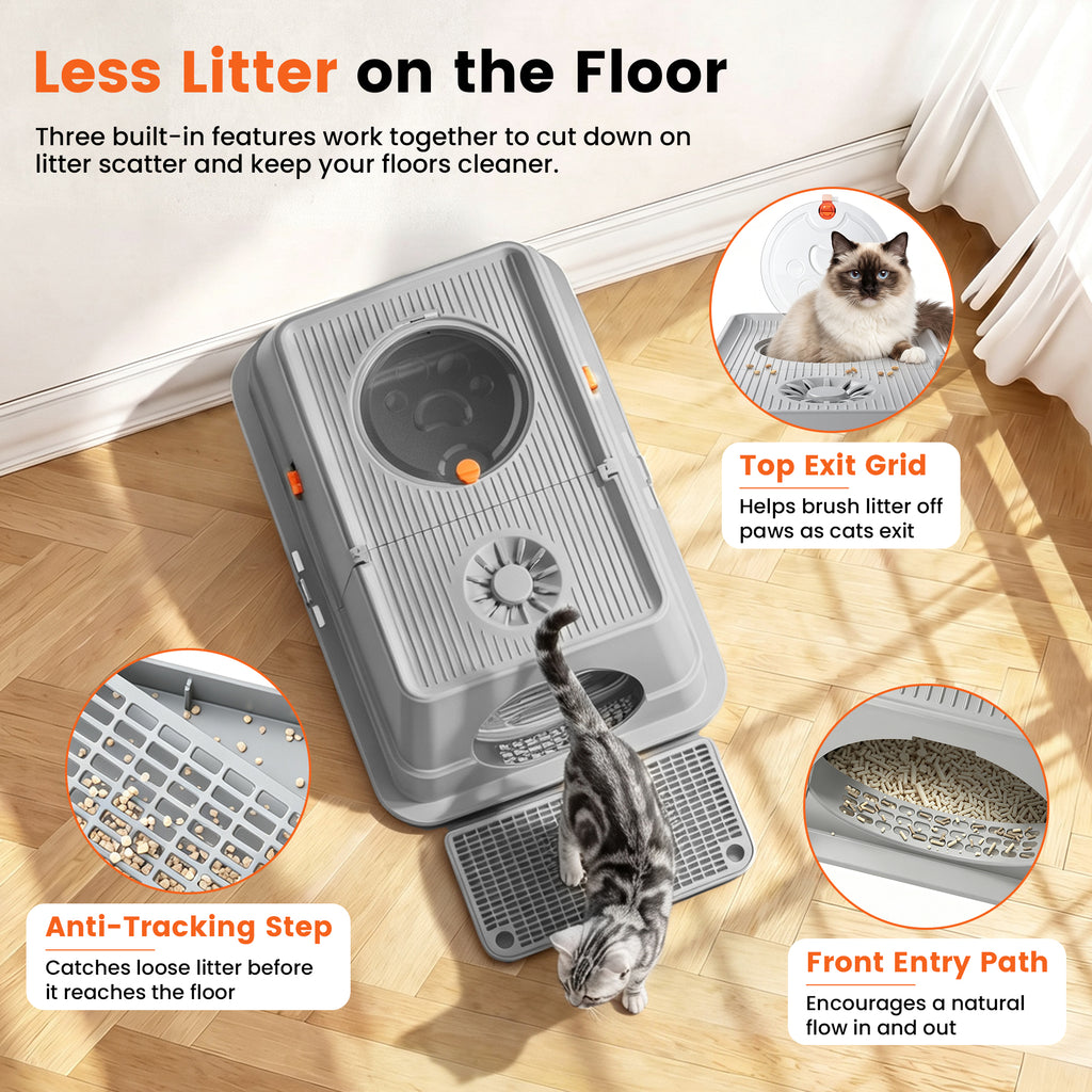 XL Stainless Steel Litter Box with Lid, Enclosed Metal Litter Box | High Sides, Urine and Litter Control, Odor Filter, Flip-Top, Easy-Clean Pan, Scoop & Step, Big Cats, Multi-Cat Homes, Gray