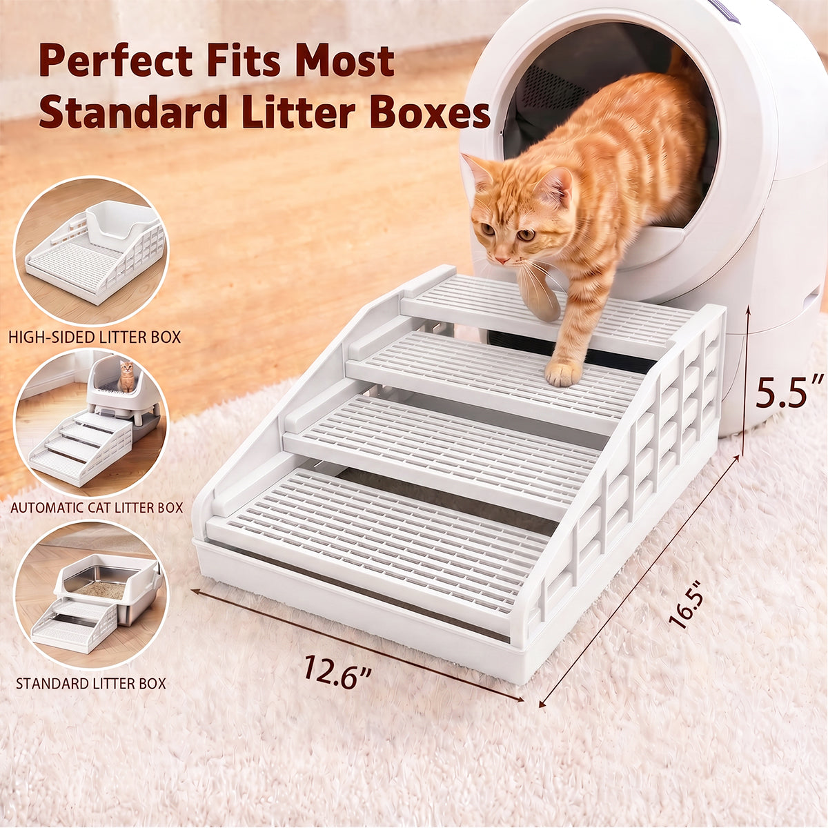 Litter Box Step for Senior Cats, Height Adjustable Cat Stairs, White