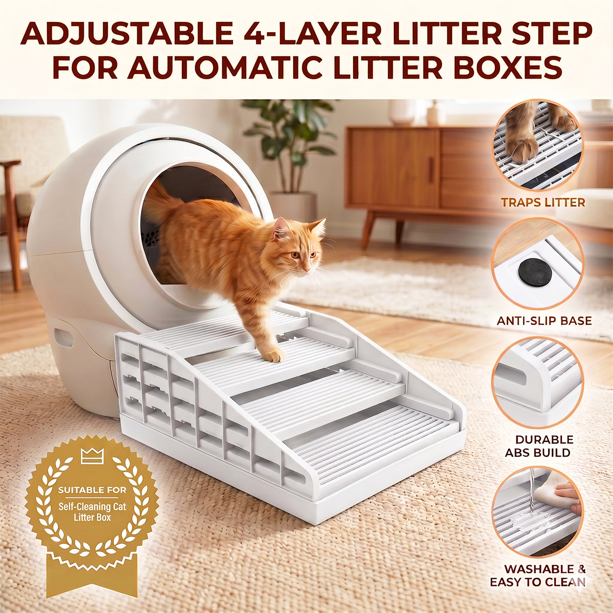 Litter Box Step for Senior Cats, Height Adjustable Cat Stairs, White
